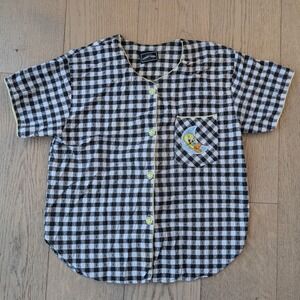 Vtg Looney Tunes Tweety Bird Pajama Top Women's Black White Gingham Button Up S